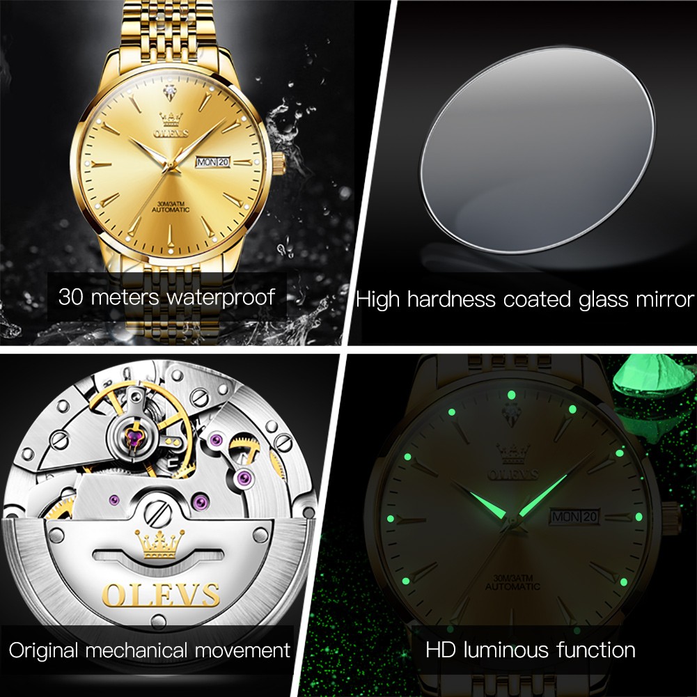 OLEVS Luxury Stainless Steel Mechanical Watches for Men Waterproof Automatic Watch Calendar Luminous Men Mechanical Wristwatches