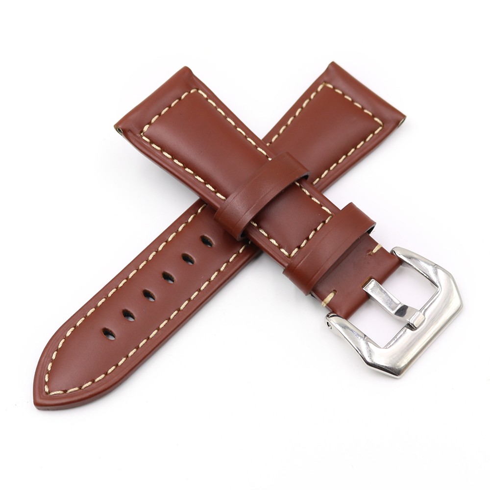 Rolamy - Soft Brown Genuine Leather Watch Strap Thickened Replacement Watch Strap Handmade with Pre-V Screw Buckle 22 24 26mm