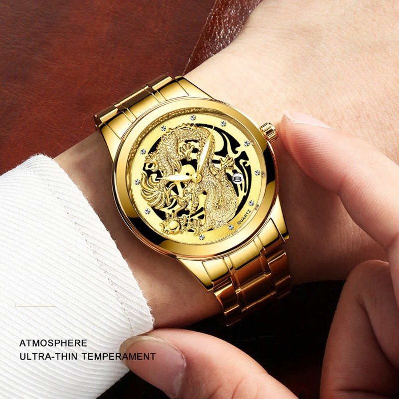 FNGEEN Mens Watches Luxury Brand Chinese Golden Dragon Quartz Watch Diamond Dial Stainless Steel Watch Male Relogio Masculin