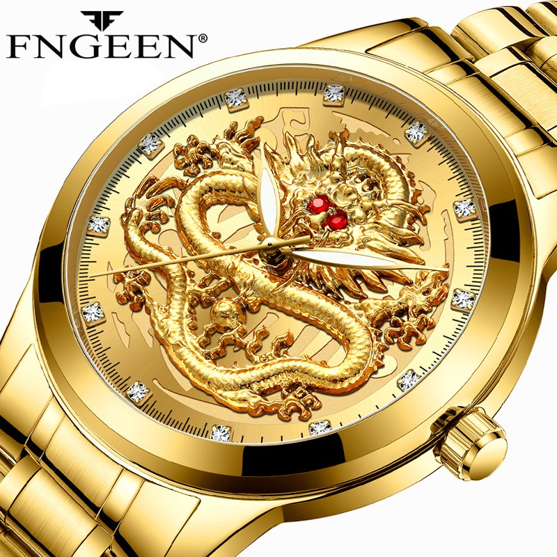 FNGEEN Mens Watches Luxury Brand Chinese Golden Dragon Quartz Watch Diamond Dial Stainless Steel Watch Male Relogio Masculin