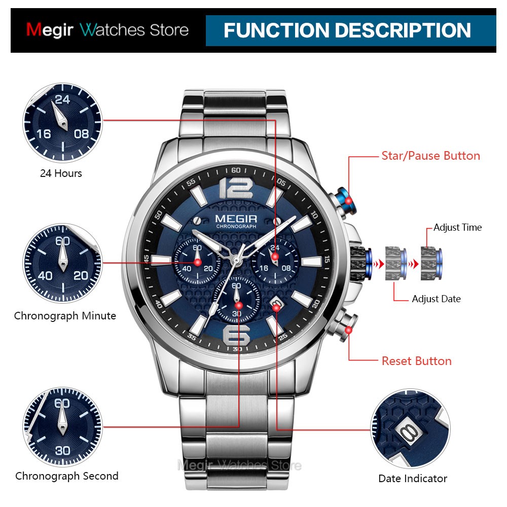 MEGIR 2020- Luxury Watches for Men, Men's Watch, Stainless Steel, Luminous, Water Resistant, Sport Chronograph, Quartz, Blue