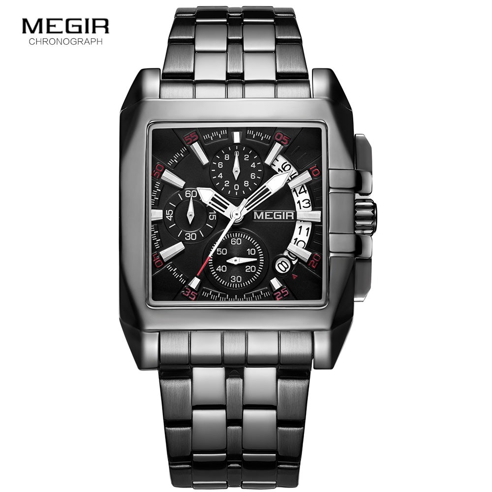 MEGIR Full Black Watches Men Luxury Chronograph Quartz Watch for Man Square Dial Luminous Wristwatch Relogios Relogios Reloj