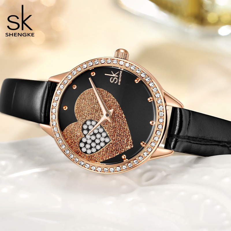 Quartz Watch for Women Luxury Fashion Leather Wristwatch Female Anniversary Gift Office Casual Shopping Rhinestone Heart Clock