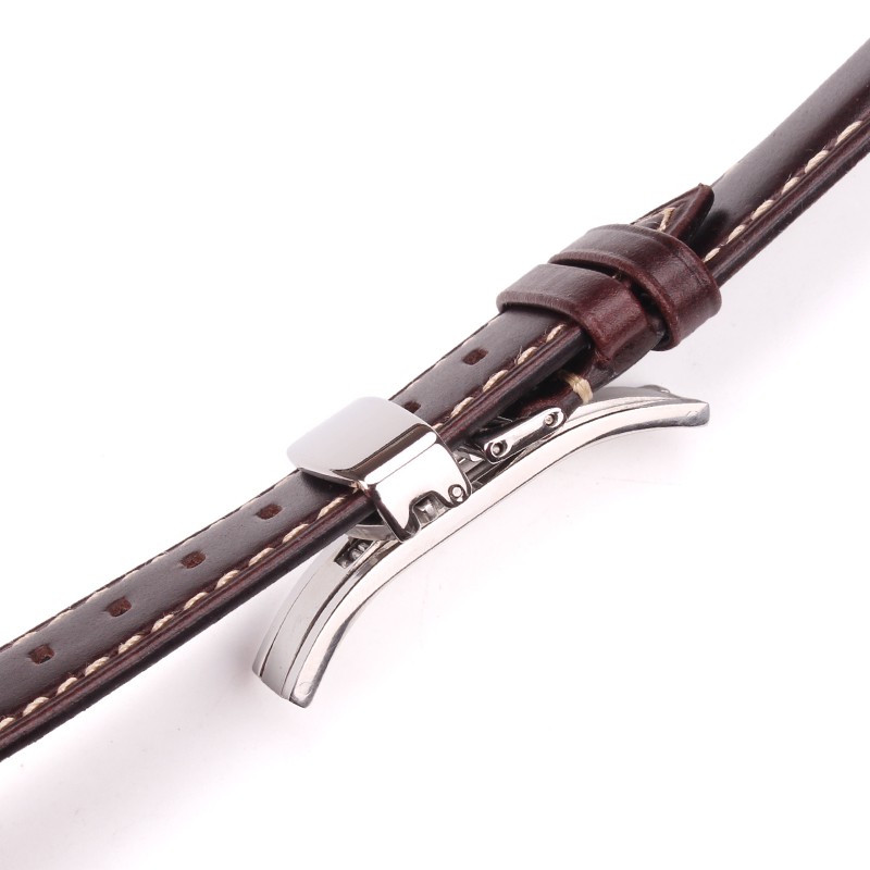 Soft Antique Watch Strap for Men and Women, Dark Brown, Genuine Leather, Metal, Butterfly Deployment Buckle, 18-24mm