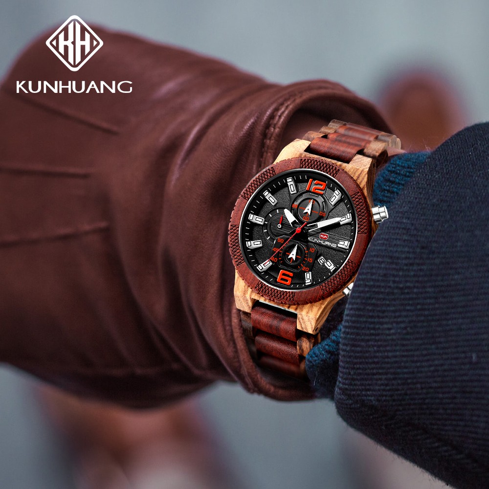 Kunhuang Men's Wooden Quartz Watches In Wood Luxury Brand Military Sports Watch Personality Male Clock Relogio Masculino