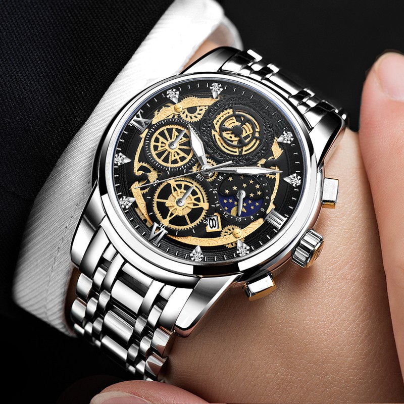 Men's Quartz Watch Automatic Calendar Movement Stainless Steel Luxury Rhinestone Waterproof Elite Men's Watch Relogio Masculino