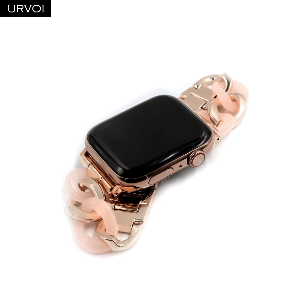 URVOI بقرة بوي سلسلة الفرقة ل أبل ساعة 7 6 SE 5 4 3 2 1 الفولاذ المقاوم للصدأ الراتنج حزام ل iwatch حزام ربط سوار النمط الحديث