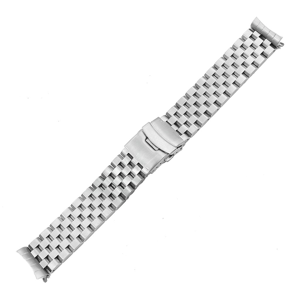 Carliot 22mm Silver Hollow Curved End Solid Links Replacement Watch Band Bracelet Double Push Clasp for Seiko