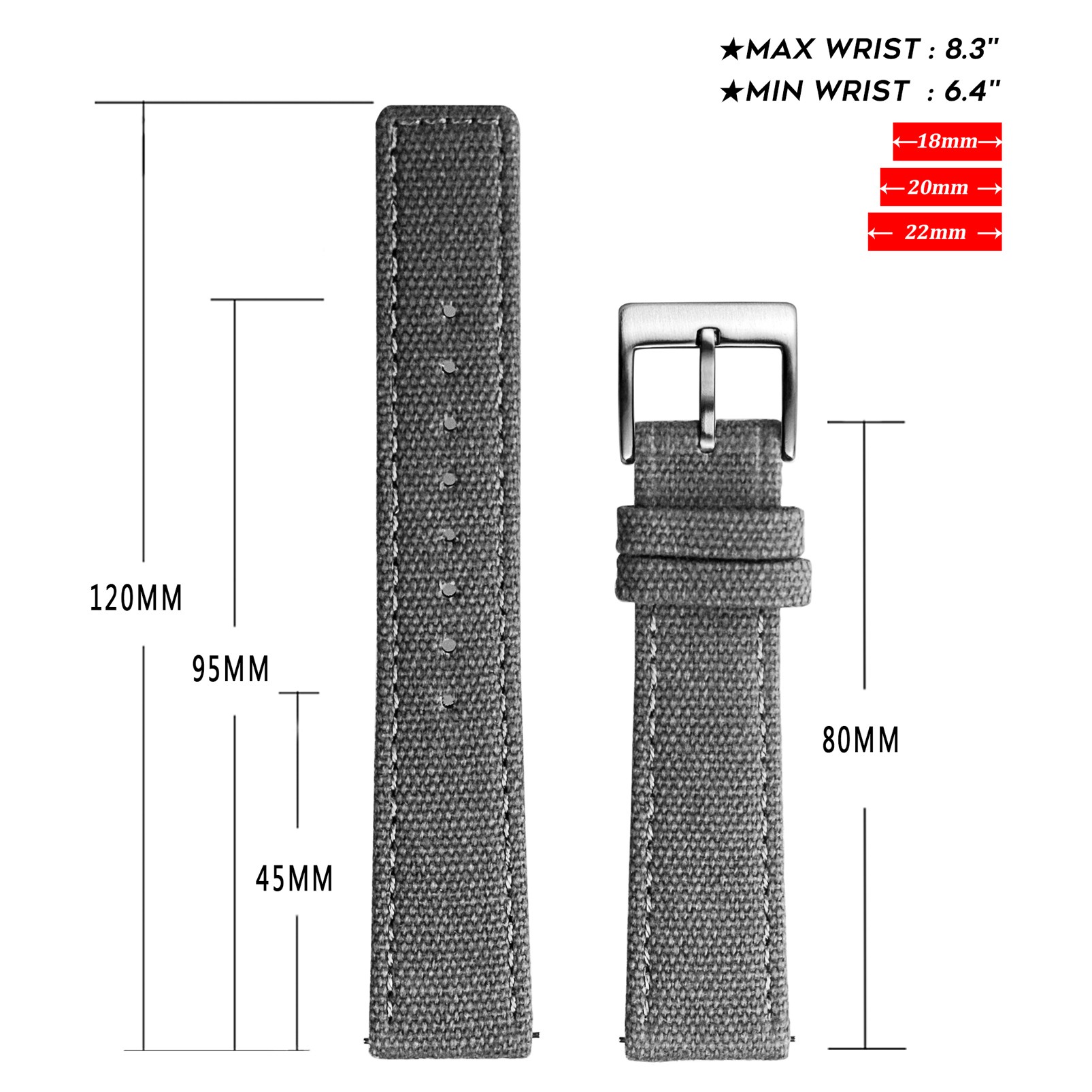 Hemsut Fabric Watch Bands Quick Release Gray Two Pieces Fabric Watch Straps Heavy Buckle 18mm 20mm 22mm