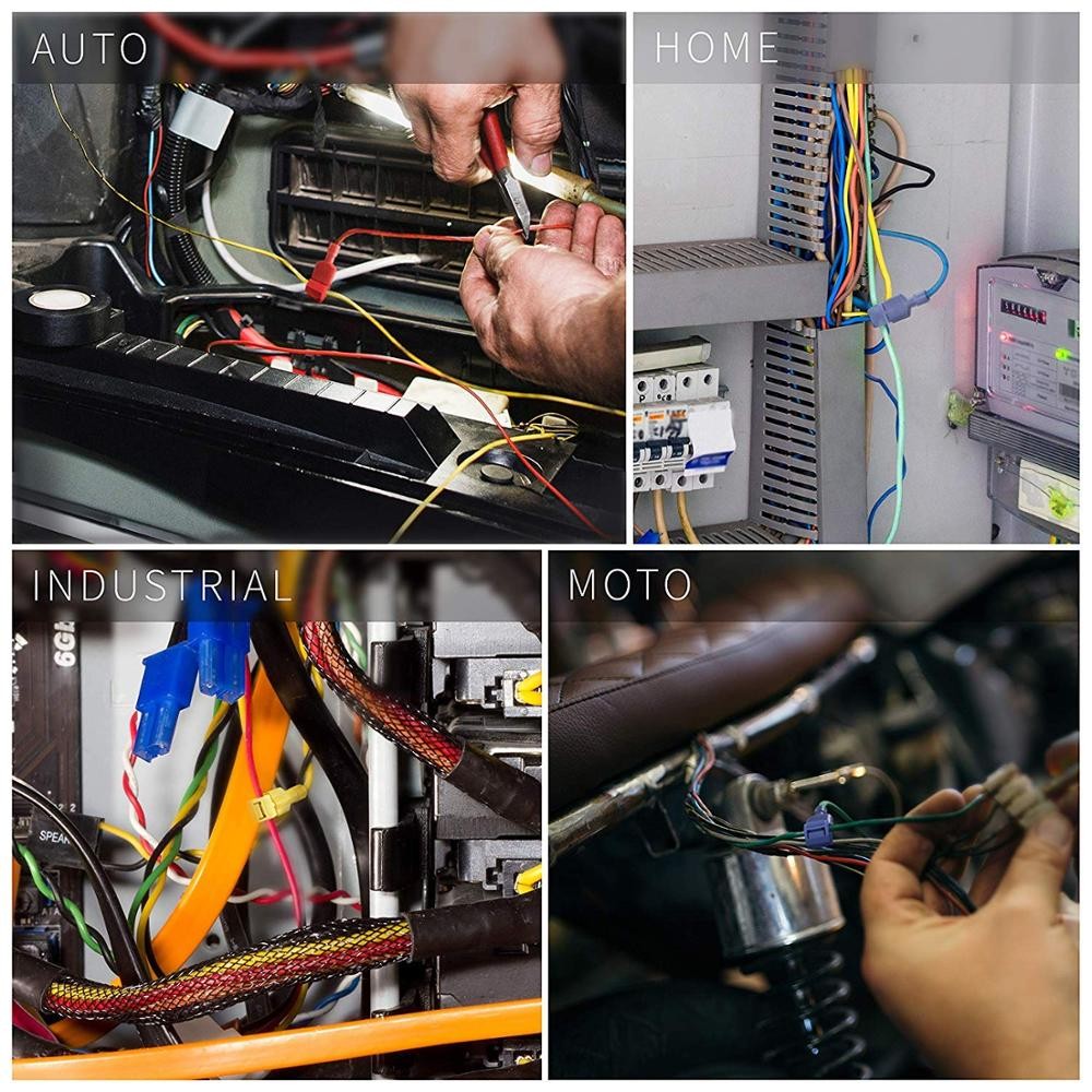 Catching wire connectors, self-joining, quick, splicing electrical wire cutting, male insulation, quick spade cutting