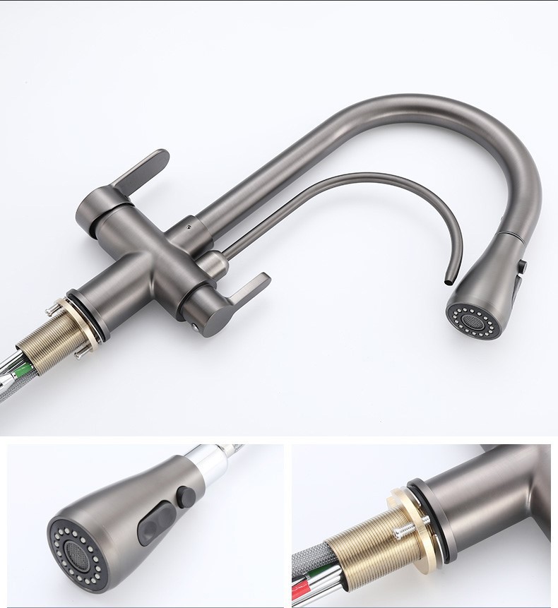 Hot Cold Touch Pull Out Kitchen Faucet Newly Brass Gray Pull Down Kitchen Mixer Tap Dual Handle Sensor Touch Filter Kitchen Faucet