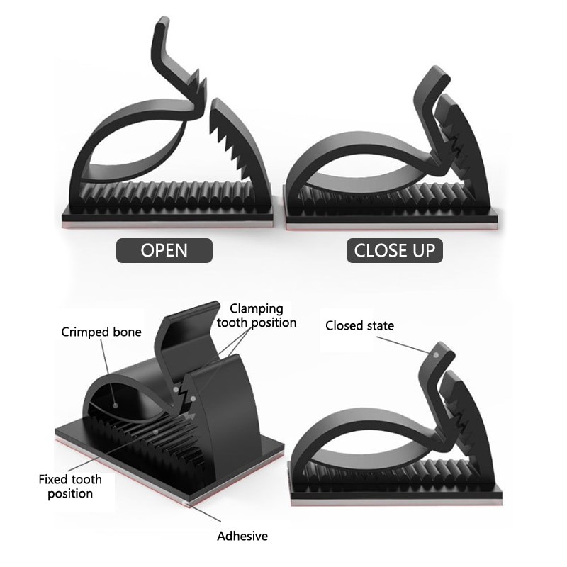 20pcs Self Adhesive Cable Clips Cord Management Black Wire Holder Organizer Clamp Self Adhesive Car Wire Clip Accessories