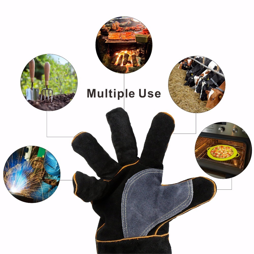 KIMYUAN - Heat Resistant Welding Gloves, 016/017L, Ideal for Cooking, Baking, Stovetop, Animal Handling, BBQ, Black-Grey, 14/16 inch