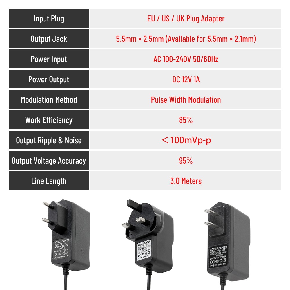 DC12V 1A طويلة 3M كابل انتاج الطاقة محول الجدار شاحن DC الاتحاد الأوروبي/الولايات المتحدة/المملكة المتحدة ل CCTV مراقبة كاميرا مخصصة الطاقة محول