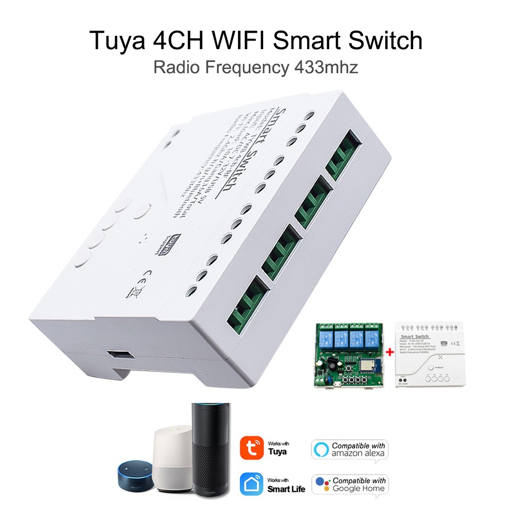 2022 New Tuya WiFi Smart Switch 220V 4CH RF Circuit Breaker Relay Light Smart Home Controller with Alexa Google Home Key Chain