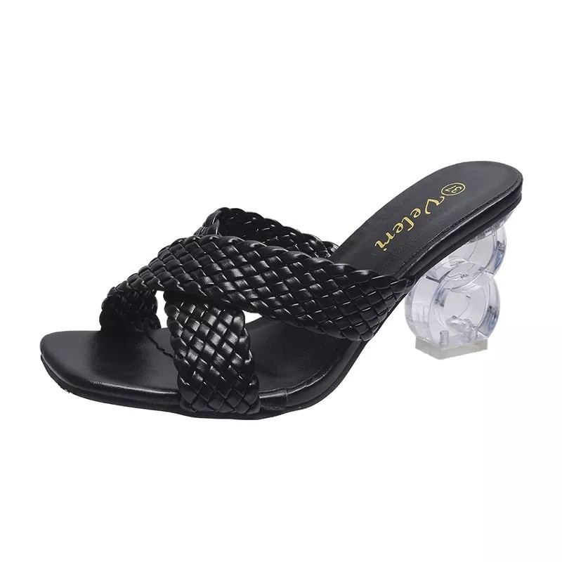 2022 summer new woven high heel crystal square toe fashion ladies sandals beach slippers casual women's shoes