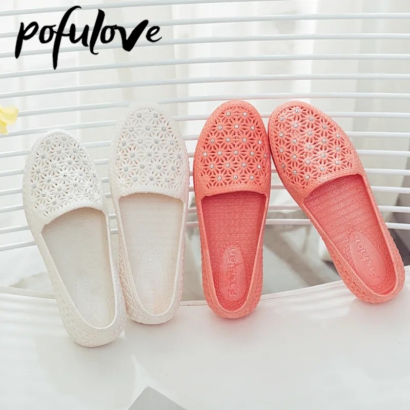 Pofulove Flats Shoes Women Hollow Out Slip On Casual Nursing Shoes Summer Loafers Female Sandals Shallow Beach Breathable Zapatos