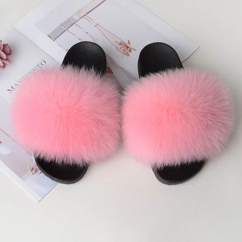 Genuine Fluffy Fur Slippers Women Summer Indoor Flip Flops Fur Sandals Slides Ladies Home Furry Plush Shoes Woman Fur Slides