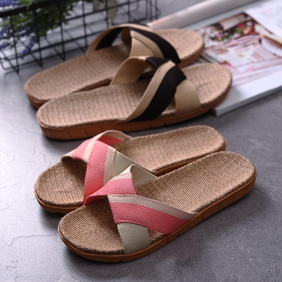 New Summer Linen Home Slippers Women 35-45 Plus Size Beach Flip Flops Non-slip Unisex Family Female Male Linen Slippers