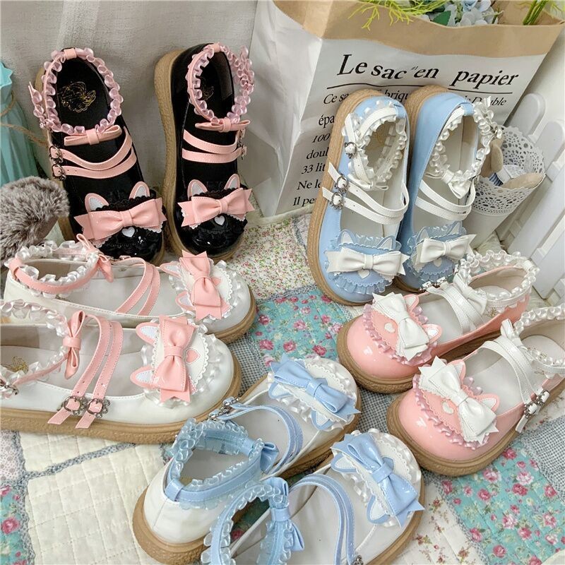 Kawaii Lolita Shoes Femme Fashion Lace Zapatillas Mujer 2021 Autumn Heart Patchwork Woman Flats Mix Color Buckle Women's Shoes