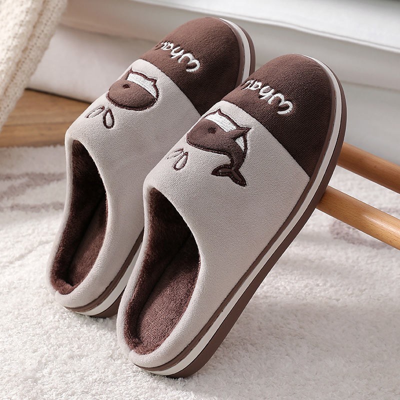 Winter Cotton Slippers Catroon Dolphin Home Indoor Slippers Plush Feleece Non-slip Winter Warm Slippers Comfortable Women Shoes Gray