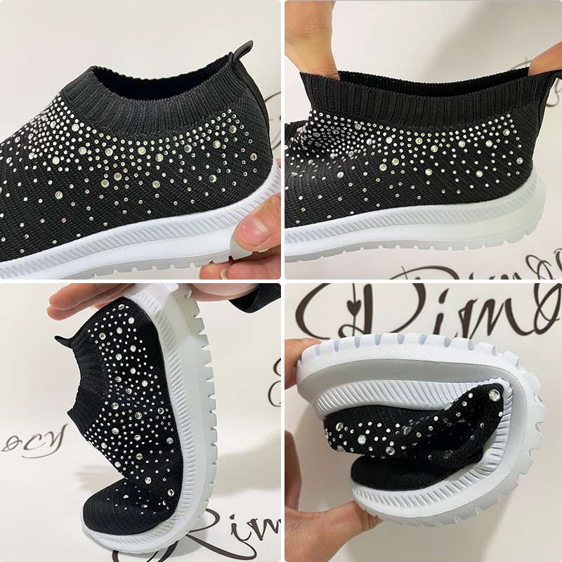 Rimocy Shining Crystal Flats Women Spring Breathable Knit Platform Sneakers Woman Comfortable Soft Bottom Non-slip Sneakers