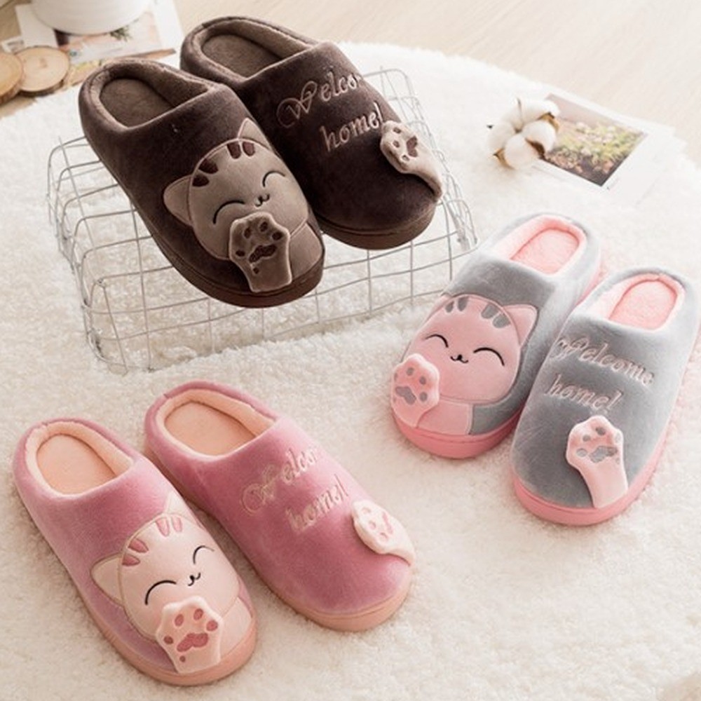 Winter Women Slippers Cartoon Lucky Cat Shoes Fluffy Plush Warm Non-slip Cotton Slippers Home Indoor Couple Fashion Shoes Female