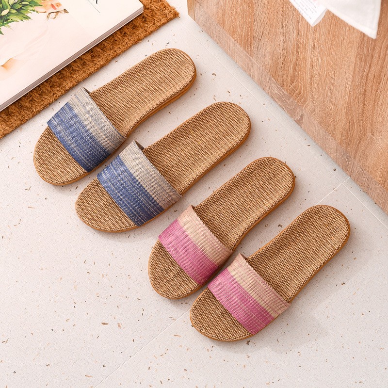 Women Linen Home Slippers Summer Casual Slides Beach Shoes Ladies Indoor Linen Slippers Bohemia Striped Flip Flops Sandals