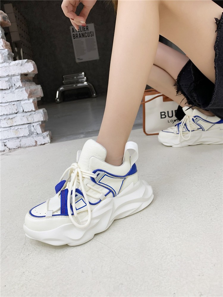 2022 spring new sponge cake thick bottom casual sneakers toe layer cowhide medium heel color matching old shoes tide shoes