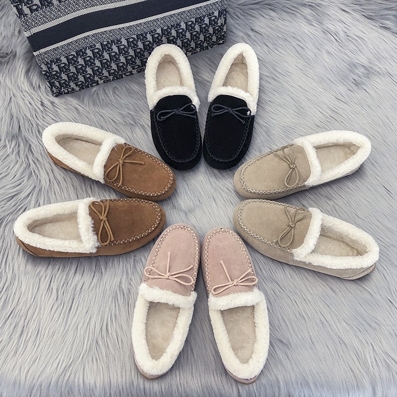 Women Slippers Winter Bow Tie Plush Warm Shoes Inside Loafers Indoor Slippers Ladies Ladies Slip On Shoes Chaussure Femme Women Shoes Non-leather Casual Shoes Women's Shoe Brand