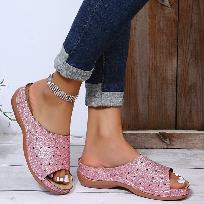 Rimocy Gold Silver Rhinestone Platform Slippers Women 2022 Summer Open Toe Beach Sandals Woman Lightweight Comfortable Slides