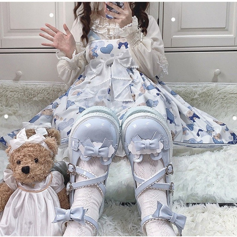 Kawaii Bear Buckle Women Lolita Shoes Japanese Style Patchwork Bow Zapatillas Mujer Fashion Girls Mix Color Lace Mary Janes