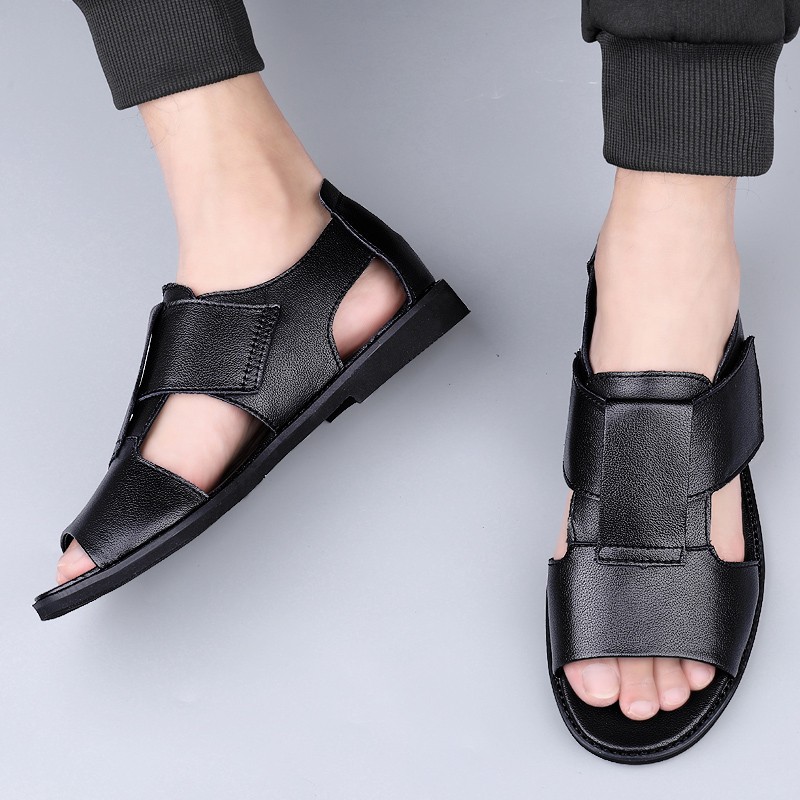 Summer Men's Genuine Leather Sandals New Design Fashion Casual Black Slip On Leather Sandals Man Sandals Men Flats