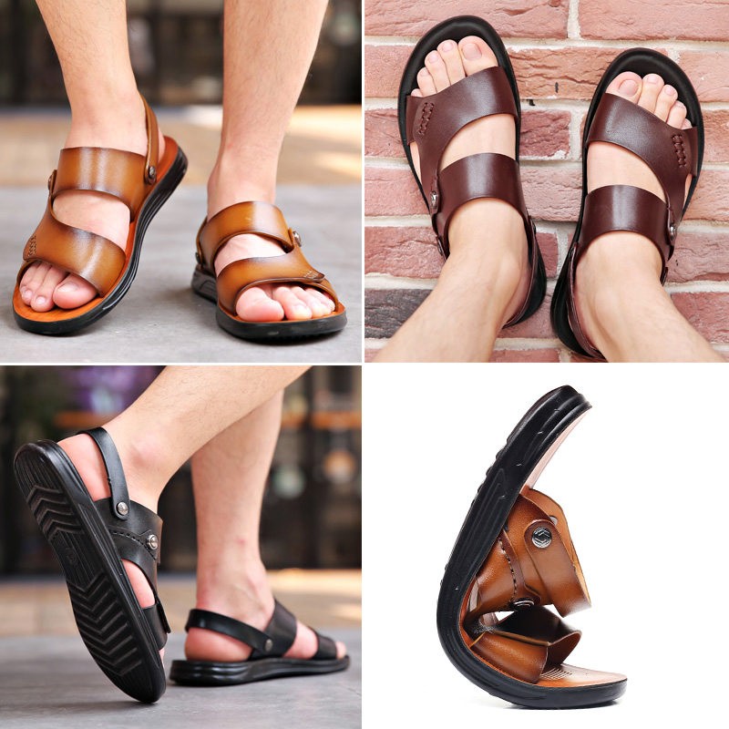 2022 summer new fashion men shoes vintage genuine leather non-slip beach slip-on sandals travel flip-flops black brown