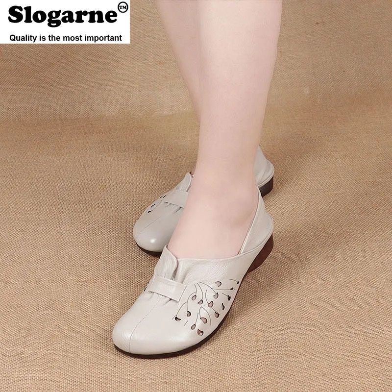 Women's spring summer new single shoes retro soft sole woman shallow flats hollow leather shoes plus size wedges low heels