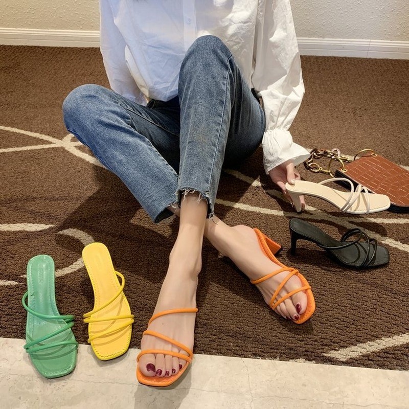 2022 New Summer Elegant Women 5cm Square High Heels Slides Mules Designer Yellow Green Heels Beach Slippers Female Shoes