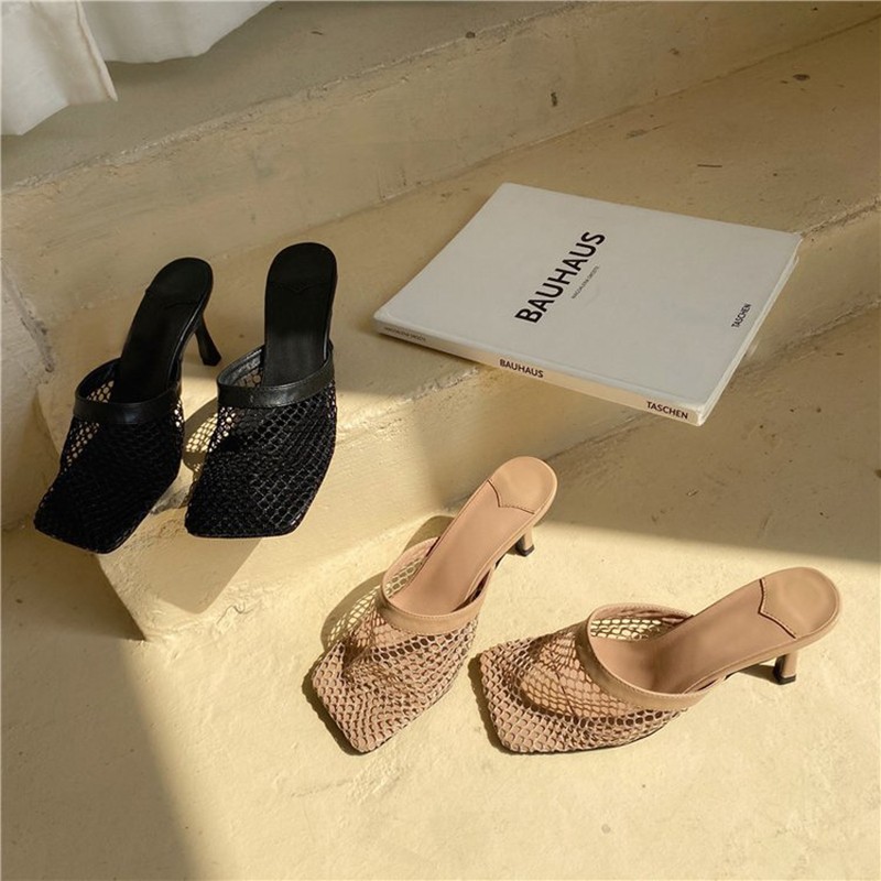 Sexy Hollow Mesh Heels Women Square Head Stiletto New Pumps Sandals Slippers Breathable Plain Banquet Dress Muller Women Shoes