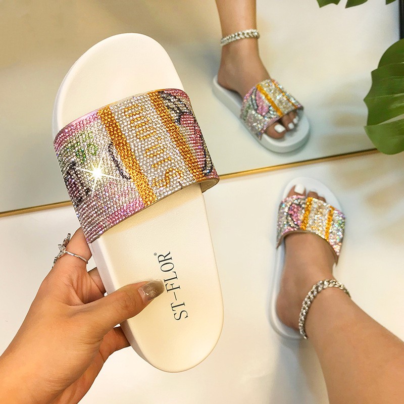 Glitter Slippers Women Summer Sandals Female Bling Slides and Matching Purse Set Dollar Diamond Flip Flops Flat Shoes Outdoor