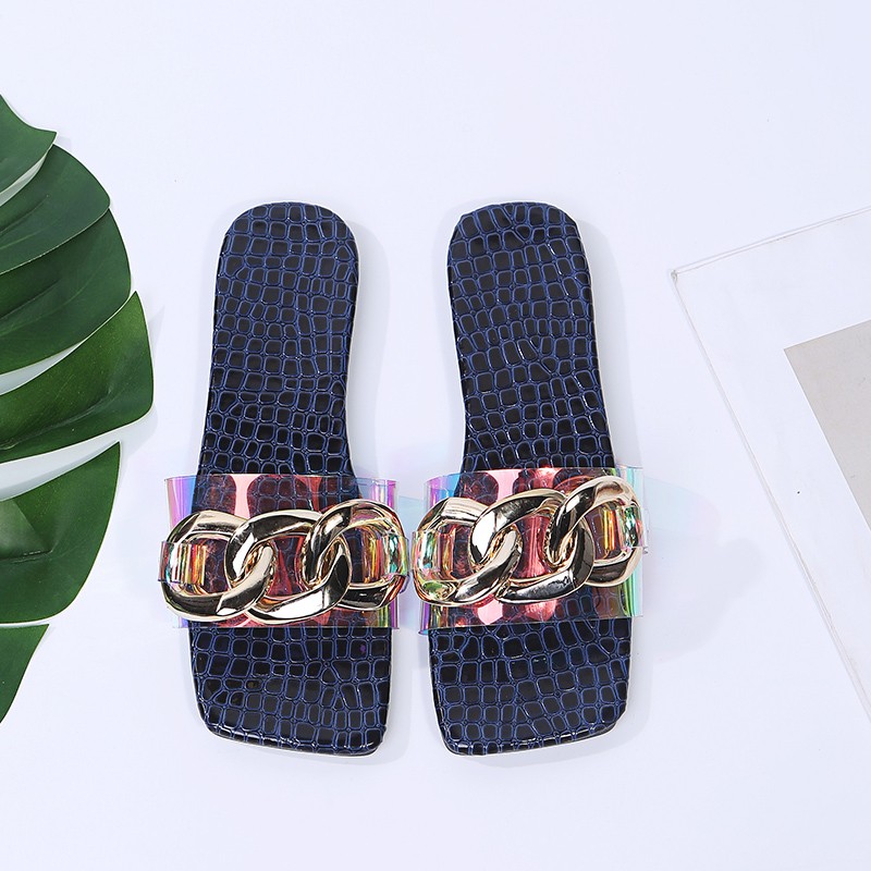 Women Slippers Summer New Metal Chain Decoration Square Heel Sandals Light Comfortable Outdoor Beach Slippers Flat Slides Shoes