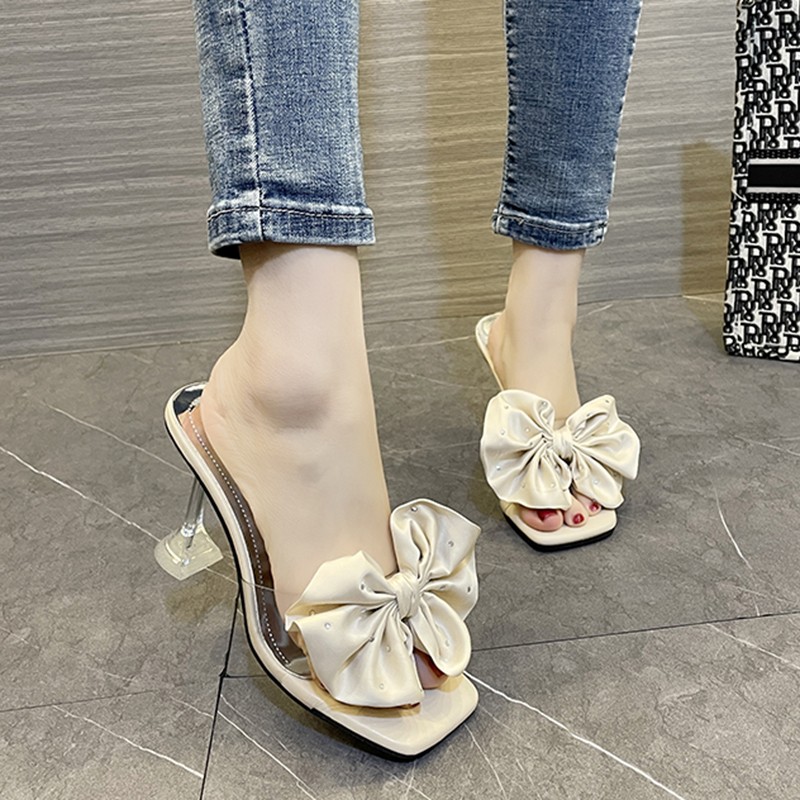 Rimocy Big Bow Fashion Slippers Women Transparent PVC Stiletto Heel Women Sandals Summer 2022 Crystal High Heels