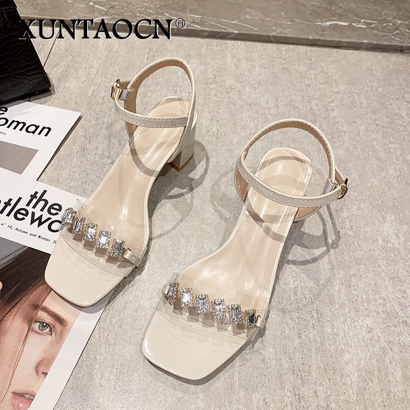 2022 Fashion Summer Thick Heels Sandals Women Ankle Strap Square Toe Sandals Crystal Women Sandals Zapatos De Mujer