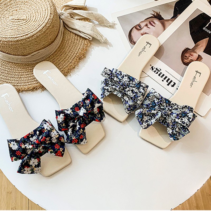 Lucifer Flower Bowknot Women Flat Slippers 2022 Summer Square Toe Boho Sandals Woman Non-slip Beach Shoes Female Plus Size 42