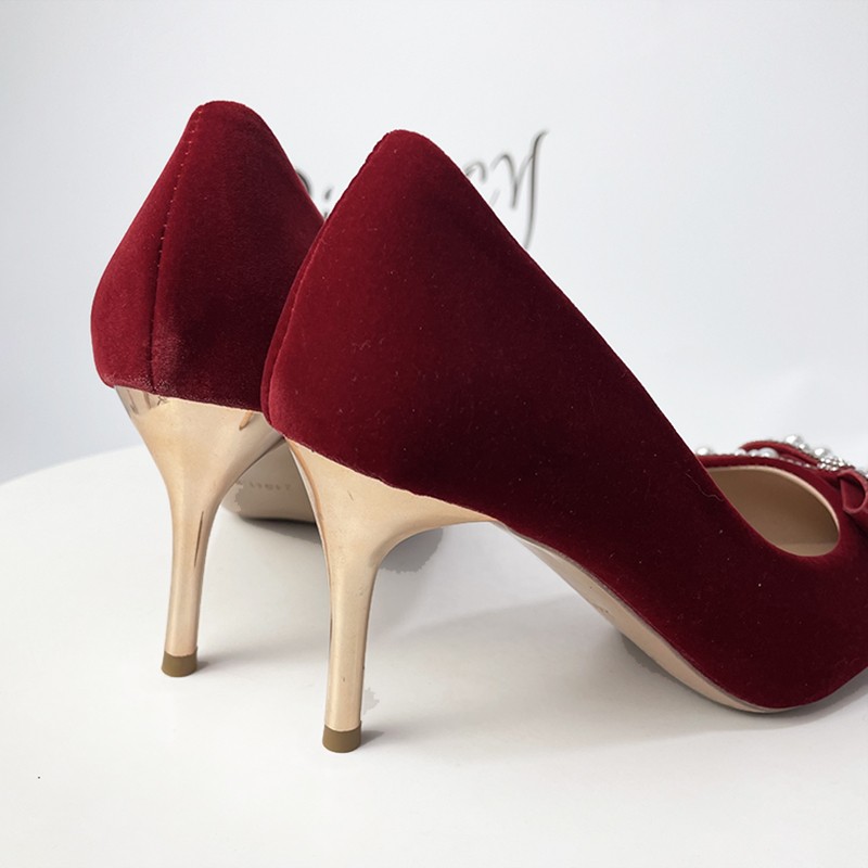 Rimocy Sexy Red Velvet Wedding Shoes for Women 2022 Luxury Pearl Bowknot Pointed Toe Pumps Woman Stiletto High Heel Dress