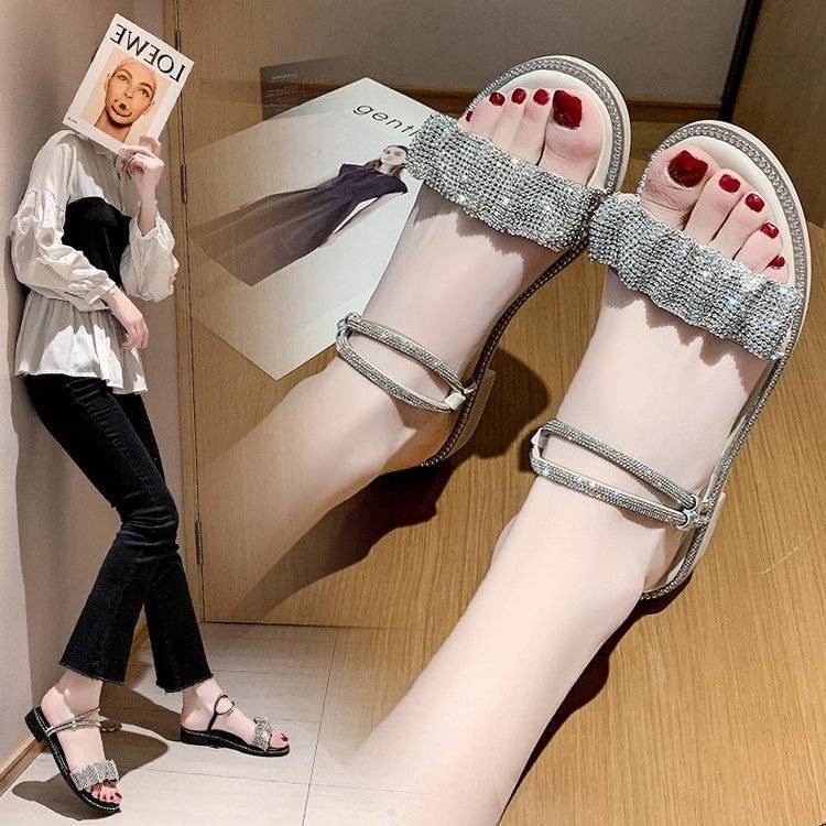 2021 New Low Heels Versatile High Heels Women Square Heel Single Line Roman Shoes Rhinestone Sandals Gladiator Slippers