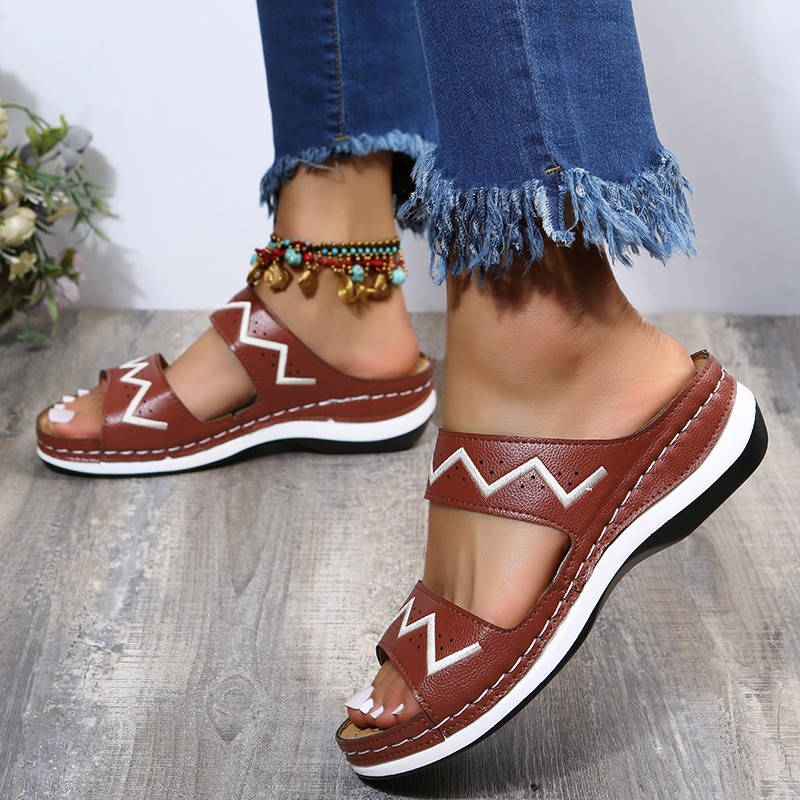 Rimocy Summer Outdoor Platform Beach Slippers Women PU Leather Striped Wedges Sandals Woman Fashion Thick Sole Non-slip Slides