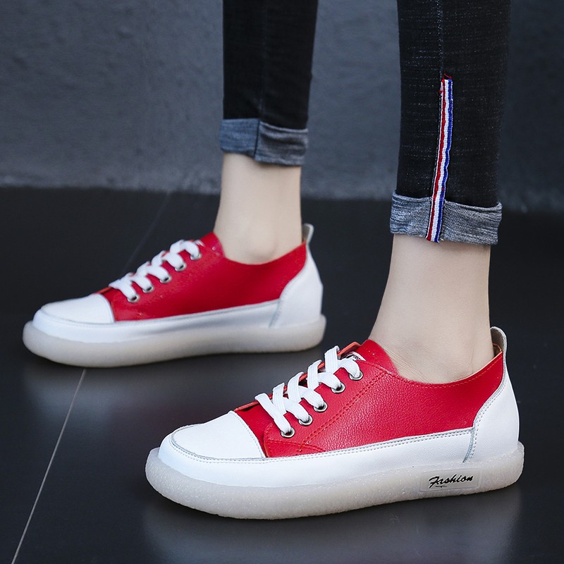 Women Spring Shoes 2022 New Genuine Leather Trend Color Matching Women Shoes Flat Bottom Lace-up Casual Girl Student Shoes