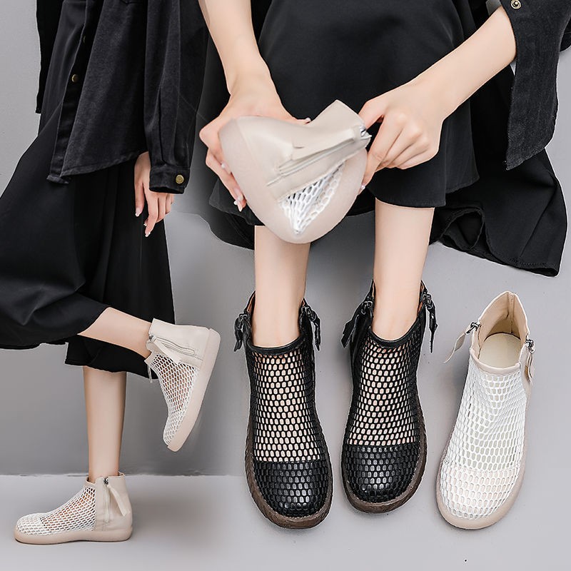 2021 Summer Flat Sandals Soft Genuine Leather Breathable Mesh Flat Sandals Korean Hollow Out Sandals Female Student Shoes