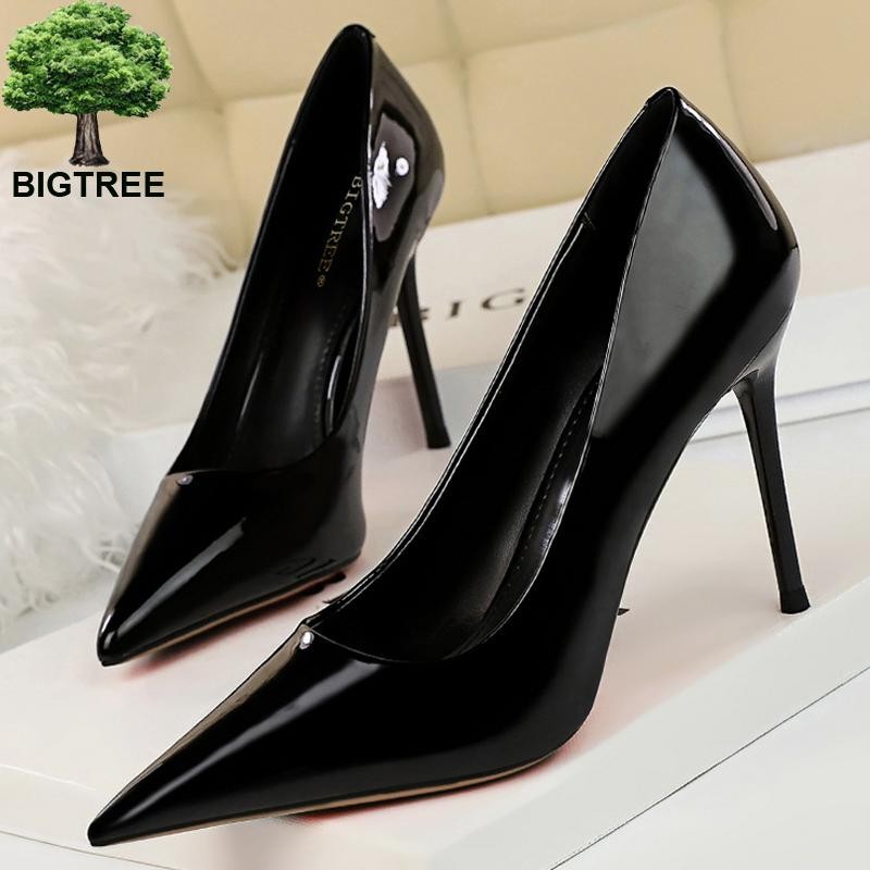 BIGTREE أحذية امرأة الموضة مضخات براءات الاختراع والجلود عالية الكعب Stiletto الكعوب الاحتلال OL مكتب أحذية مثير الكعوب حجم كبير 43