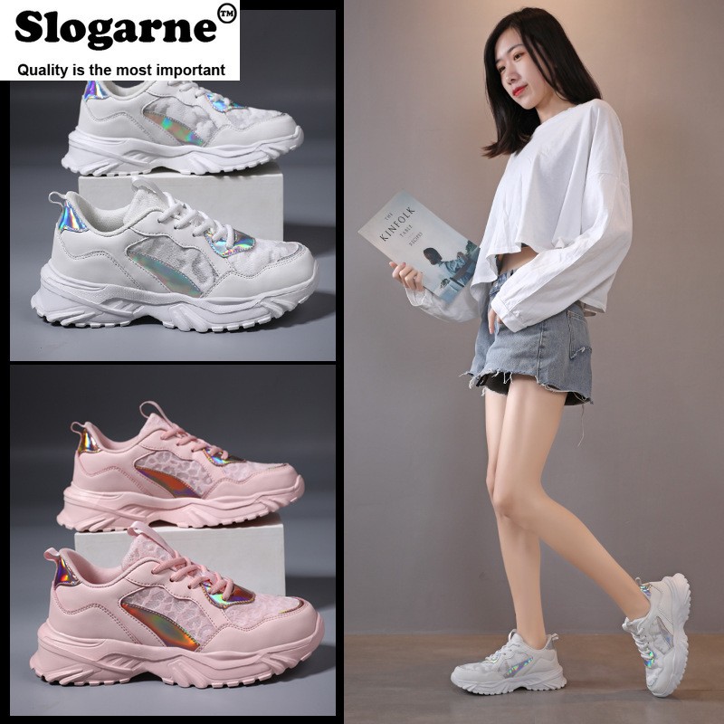 Women's spring autumn air mesh sneakers lady's running shoes girl's high elastic thick-soled middle school students leather shoes