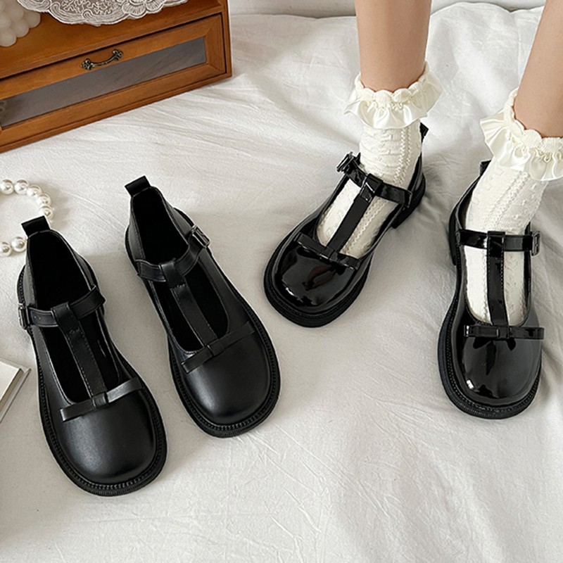 Lucifer 2022 Spring Bow T Strap Mary Jane Shoes Women Round Toe Patent Leather Flats Woman Black Ankle Buckle Casual Shoes